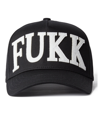 Black cap with 'FUKK' printed in white on a white background